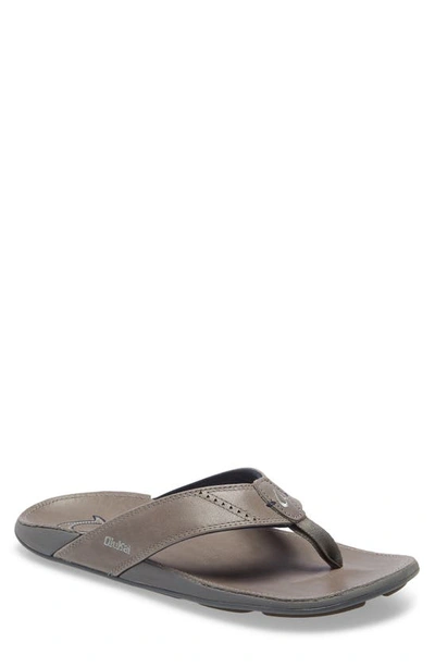 Olukai 'nui' Leather Flip Flop In Charcoal Leather