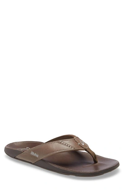 Olukai 'nui' Leather Flip Flop In Mustang/ Espresso Leather
