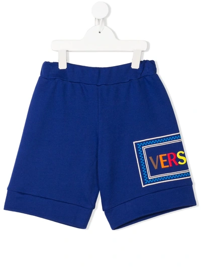 Young Versace Kids' Embroidered Logo Shorts In Blue