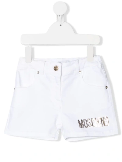 Moschino Kids' Sequin-logo Denim Shorts In White