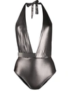 Moeva Metallic Deep V-neck Swimsuit In Silver