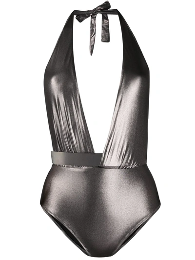 Moeva Metallic Deep V-neck Swimsuit In Silver