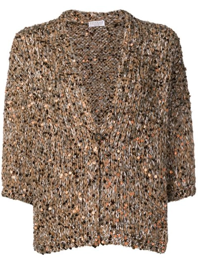 Brunello Cucinelli Sequined Woven Knit Cardigan In Brown