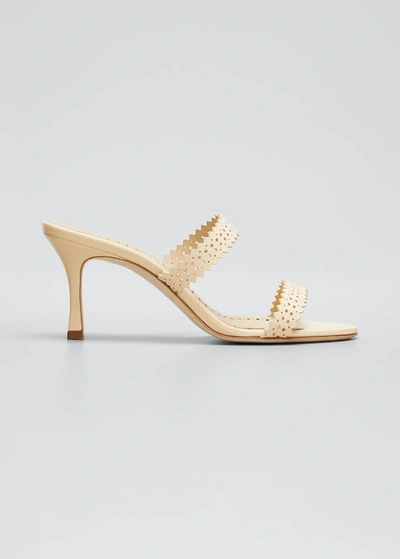 Manolo Blahnik Riesamu Two-band Perforated Leather Heeled Sandals In Cream