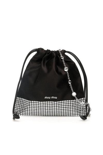 Miu Miu Crystal Embellished Drawstring Pouch In Black