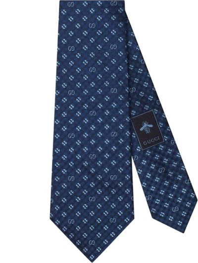 Gucci Shamrock And Gg Logo Print Silk Tie In Navy