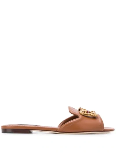 Dolce & Gabbana Bianca Logo-embellished Leather Slides In Desert