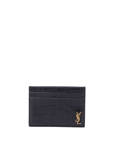Saint Laurent Men's Ysl Monogram Croc-embossed Card Case In Black