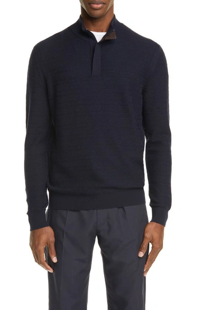 Ermenegildo Zegna Men's Textured Wool Leather-trim Sweater In Navy