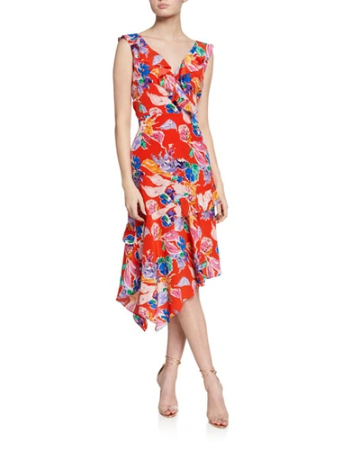 Milly Alexis Bouquet Floral Sleeveless Asymmetrical Dress In Red Pattern