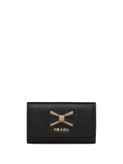 Prada Bow-detail Logo-plaque Keycase In Black
