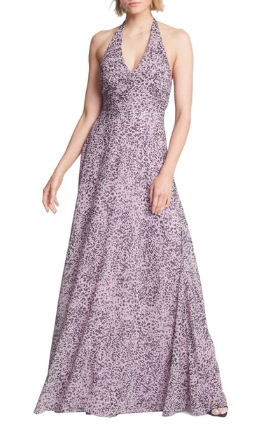 Halston Heritage Heritage Pleated Halter Gown In Rose Marble Print