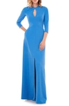 Kay Unger Hannah Jewel-neck 3/4-sleeve Stretch Crepe Gown In Ocean Blue