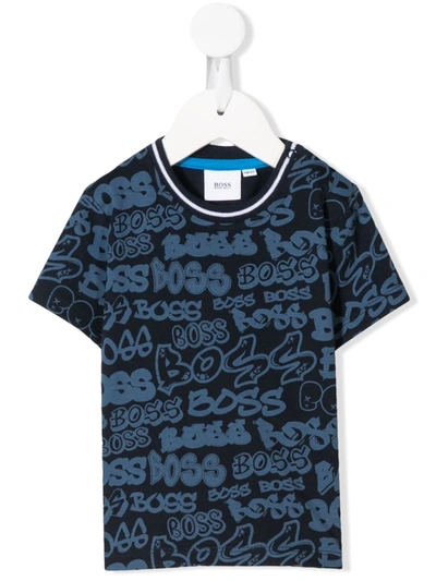 Hugo Boss Babies' All-over Logo T-shirt In Blue