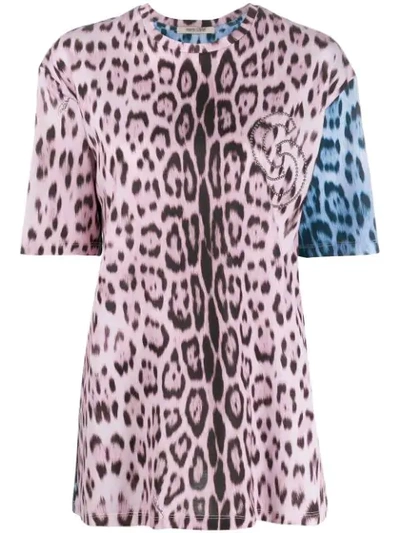 Roberto Cavalli Studded Leopard-print Cotton-jersey T-shirt In Pink