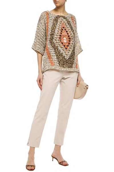 Brunello Cucinelli Embellished Open-knit Cotton-blend Sweater In Sand