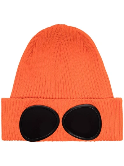 C.p. Company Goggle-detailed Ribbed Cotton Beanie Hat In Orange