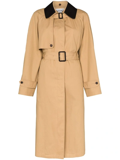 Loewe Contrast Collar Belted Trench Coat In Brown