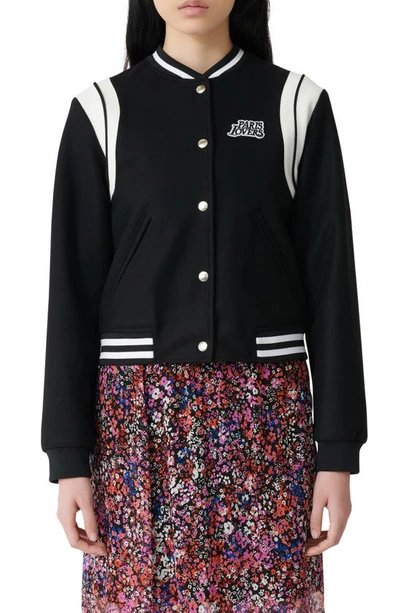 Maje Berry Paris Lovers Varsity Jacket In Black