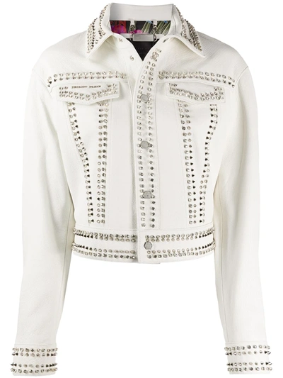 Philipp Plein Skull Stud Leather Jacket In White