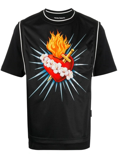 Palm Angels Sacred Heart Print T-shirt In Black