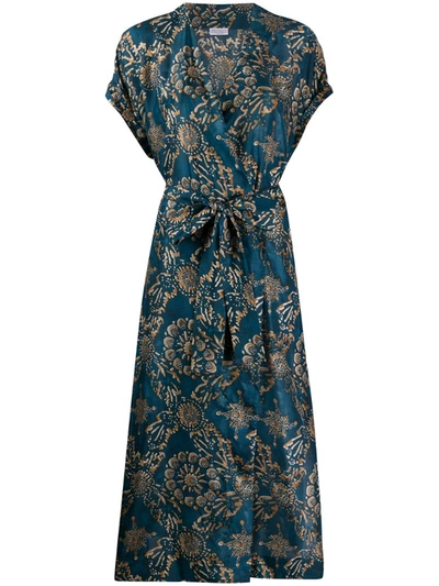Brunello Cucinelli Floral Print Silk Wrap Midi Dress In Teal