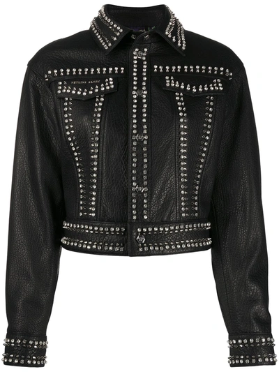 Philipp Plein Leather Skull Biker Jacket In Black