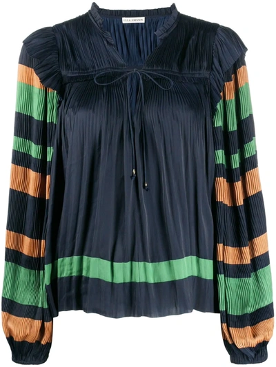 Ulla Johnson Striped Sleeves Pleated Peasant Blouse In Blue