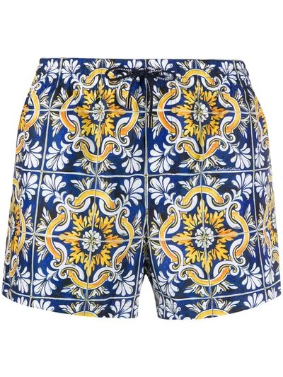 Dolce & Gabbana Short Swimming Trunks With Maiolica Print On A Blue Background