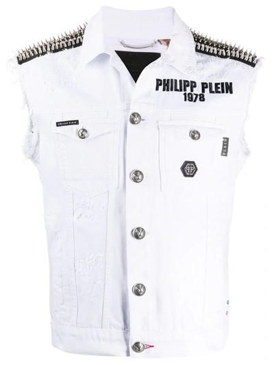 Philipp Plein Denim Sleeveless Jacket In White
