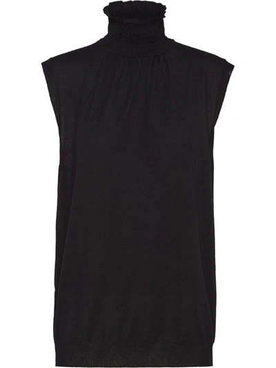 Prada Smocked-collar Knitted Waistcoat In Black