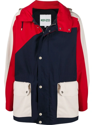 Kenzo Long Colour Block Parka Jacket In Blue