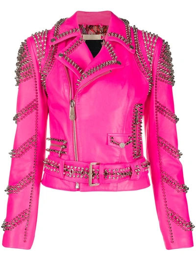 Philipp Plein Leather Biker Jacket In Pink
