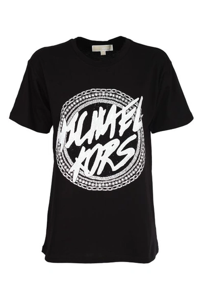 Michael Kors Glittered Logo Print T-shirt In Black