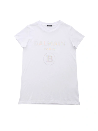 Balmain Kids' Iridescent Logo T-shirt In White
