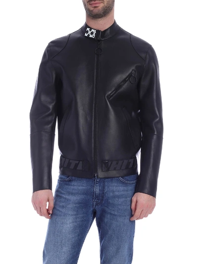Off-white Leather Biker In Black With Logo Details
