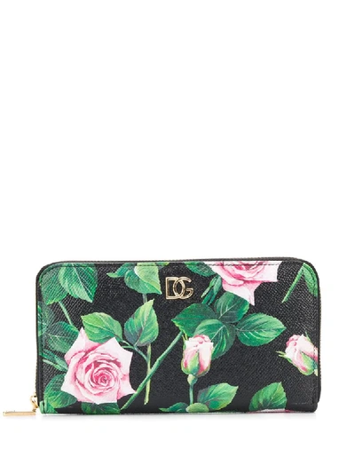 Dolce & Gabbana Tropical Rose Print Wallet Zip Around In Black