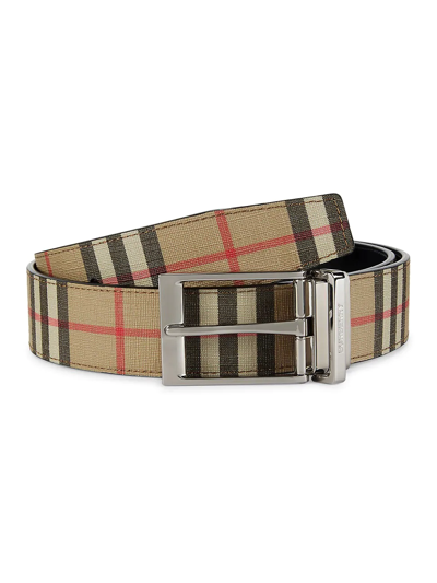 Burberry Louis Reversible Vintage Check & Leather Belt In Archive Beige/black
