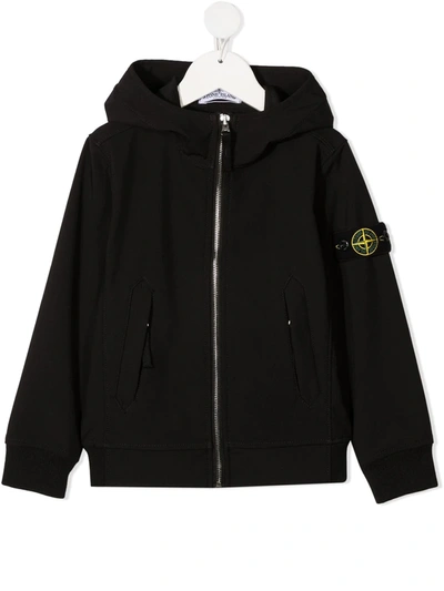 Stone Island Junior Teen Hooded Soft-shell Zip-up Jacket In Black