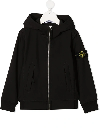 Stone Island Teen Hooded Soft-shell Zip-up Jacket In Black