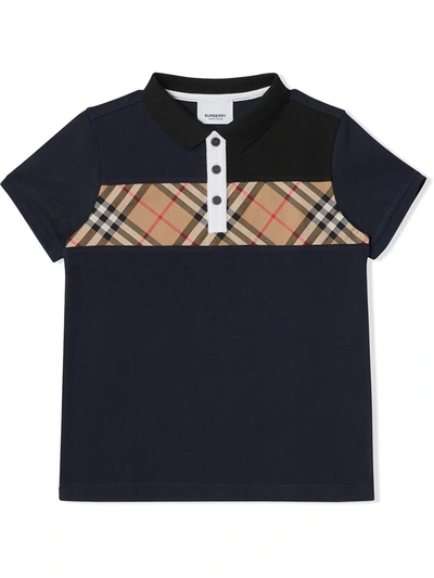 Burberry Kids' Vintage Check Panel Cotton Polo Shirt In Navy