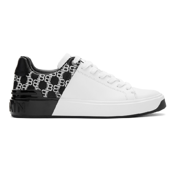 Balmain B-court Sneakers In White And Black Monogram In Gab Blanc/n |  ModeSens