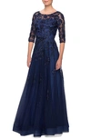 La Femme Sequin Elbow-sleeve A-line Gown W/ Pockets In Navy
