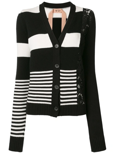 N°21 Lace Panel Striped Cardigan In Black