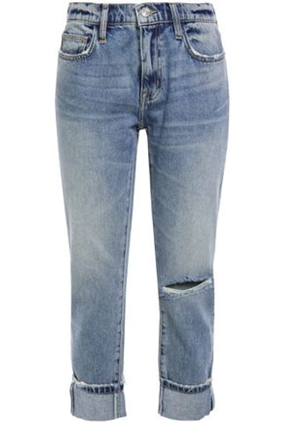 Current Elliott The Fling Cropped Distressed Mid-rise Straight-leg Jeans In Mid Denim