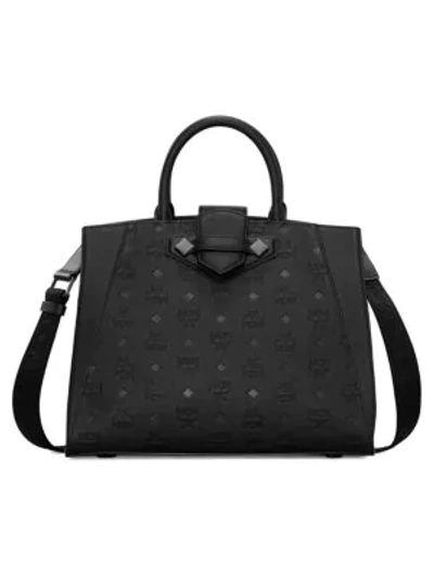 Mcm Women's Essential Monogrammed Leather Top Handle Bag In Black