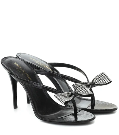 Saint Laurent Lexi Crystal-embellished Croc-effect Leather Sandals In Black