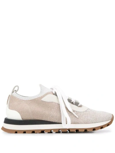 Brunello Cucinelli Bead-embellished Metallic Stretch-knit, Suede And Leather Sneakers In Cipria