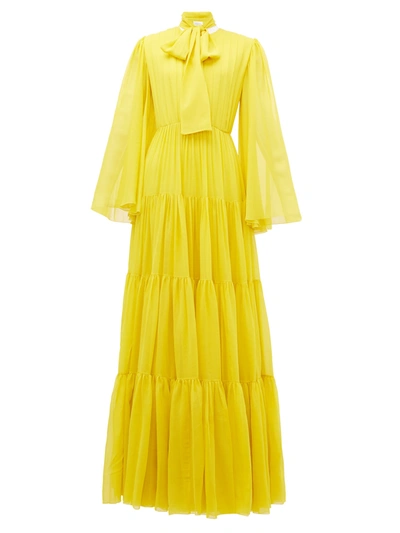 Giambattista Valli Pussy-bow Tiered Pintucked Silk-georgette Gown In Yellow