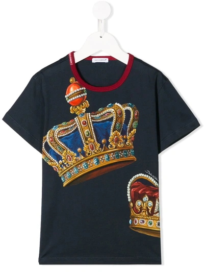 Dolce & Gabbana Kids' Crown-print Crew Neck T-shirt In Blue